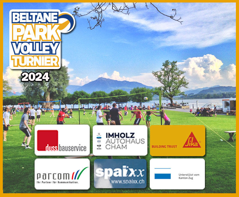 Beltane Parkvolley Turnier Hirsgarten Sponsoren 2024 HCN Clean, Duss Bauservice, Imholz Autohaus Cham, Spaixx.ch, Städtli Metzg, Unterstützt vom Kanton Zug