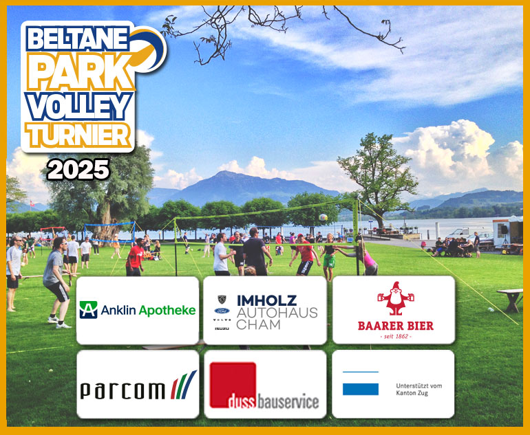 Beltane Parkvolley Turnier Hirsgarten Sponsoren 2025 Imholz Autohaus Cham, Anklin Apotheke Cham, Duss Bauservice, Parcom, Unterstützt vom Kanton Zug und durch Baarer Bier