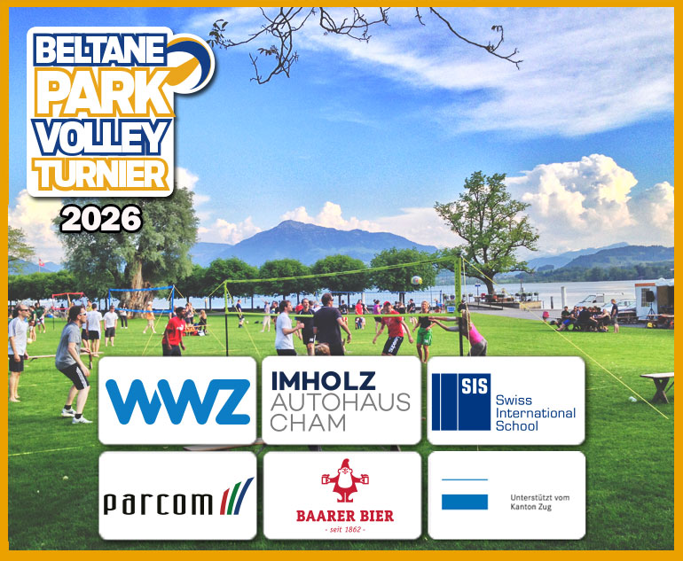 Beltane Parkvolley Turnier Hirsgarten Sponsoren 2026 WWZ, Imholz Autohaus Cham, Parcom, Swiss International School, Unterstützt vom Kanton Zug und durch Baarer Bier